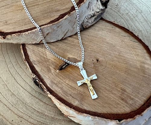 Srebrny łańcuszek i krzyżyk zestaw komunijny 45 cm srebro pozłacany prezent na Arena.pl