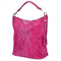 VERA PELLE torebka zamszowa worek kroko z paskiem na ramię V476 fuksja