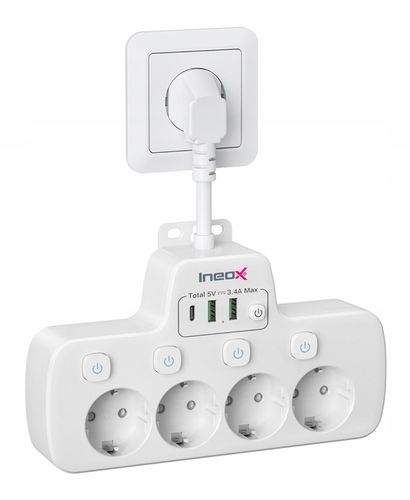 Rozdzielacz Listwa Wielofunkcyjna 4xAC 3xUSB 16A 4000W Ineox LZW-4UW Biały na Arena.pl