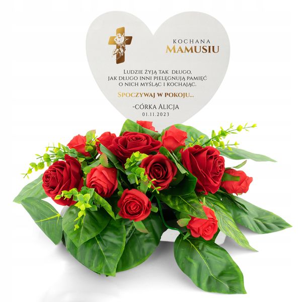 Stroik KWIATY RÓŻE na GRÓB + PODSTAWKA z DEDYKACJĄ zdjęcie 1