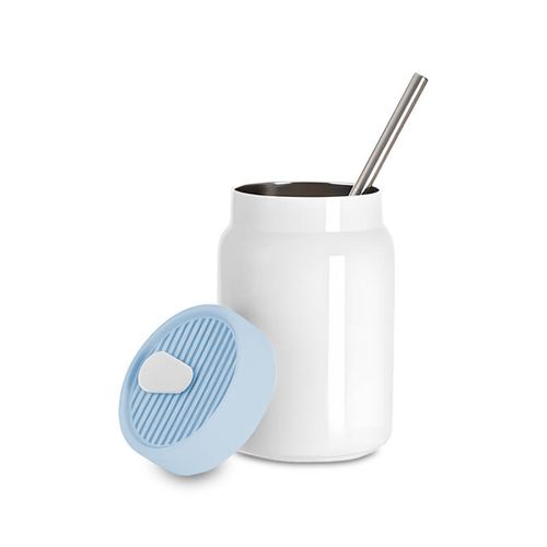 Kubek ze słomką 480 ml z Twoim nadrukiem - niebieska silikonowa pokrywka na Arena.pl