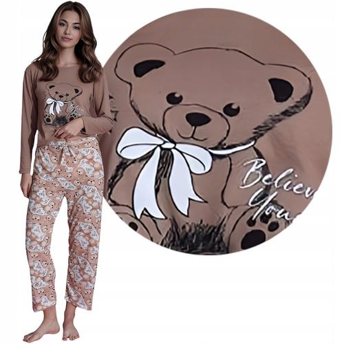 NETi Przewiewna i Delikatna Bawełniana Piżama Damska z Długim Rękawem Brown na Arena.pl