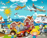 FOTOTAPETA dziecięca SAMOLOT HELIKOPTER MIASTECZKO