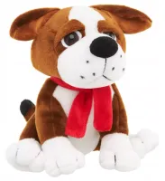 Pluszowy pies siedzący w szaliku