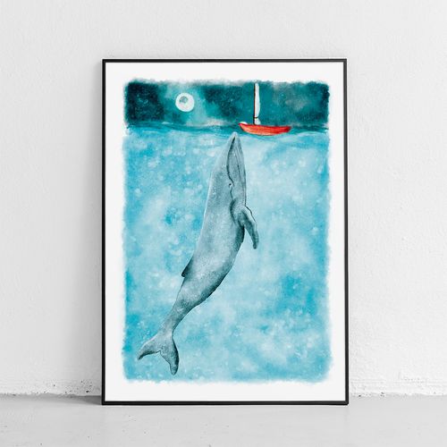 Plakat wieloryb ocean statek pokój dziecka 30x40 cm w czarnej ramie na Arena.pl