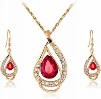 Złoty zestaw biżuterii pozłacane rubinowe krople prezent łezki kolczyki
