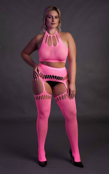Sexy Komplet Rajstopy i Top Ouch! 838 Pink NEON XL/4XL zdjęcie 11