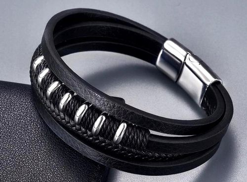 Czarna Bransoletka Punk Warkocz Męska Stal Skóra na Arena.pl