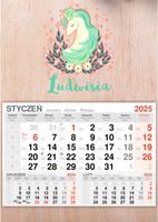 KALENDARZ 2025 jednodzielny DREWNIANY nadruk z jednorożcem z imieniem