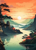 Plakat 25x35cm Zachodzące Słońce nad Spokojnym Jeziorem