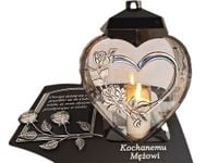MĄŻ MĘŻOWI ZNICZ LAMPION NA GRÓB SERCE I SERCE SREBRO SKOS SENTENCJA+ŚWIECA