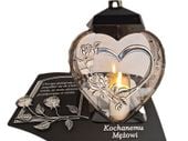 MĄŻ MĘŻOWI ZNICZ LAMPION NA GRÓB SERCE I SERCE SREBRO SKOS SENTENCJA+ŚWIECA