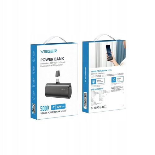 Powerbank VEGER PlugOn 5000mAh PD 20W wbudowane złącze USB C lekki podróż na Arena.pl