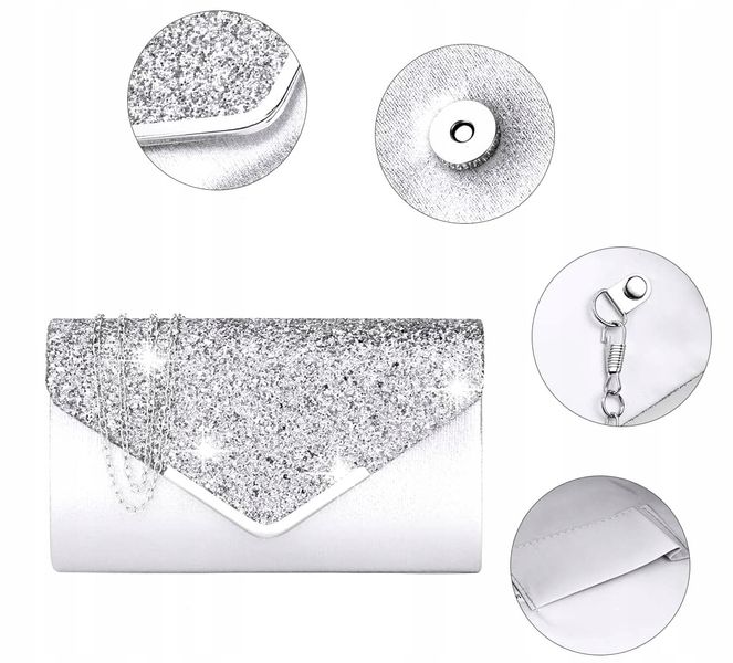 Srebrna Torebka Kopertówka Błyszcząca Wizytowa zdjęcie 9