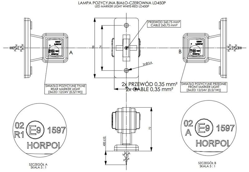 Lampa LED obrys. przed-tyl prosta PRAWA (LD450/P) zdjęcie 2