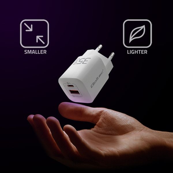 Qoltec Ładowarka sieciowa 35W GaN ULTRA | 5-20V | 2.25-3A | 1 x USB typ C PD | 1 x USB QC 3.0 | Biała zdjęcie 2
