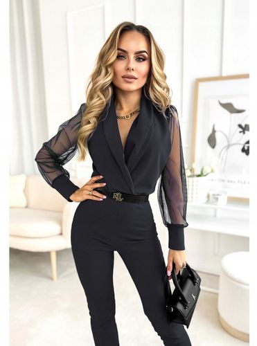 Elegancki KOMBINEZON DAMSKI kopertowy dekolt tiulowy rękaw na Arena.pl