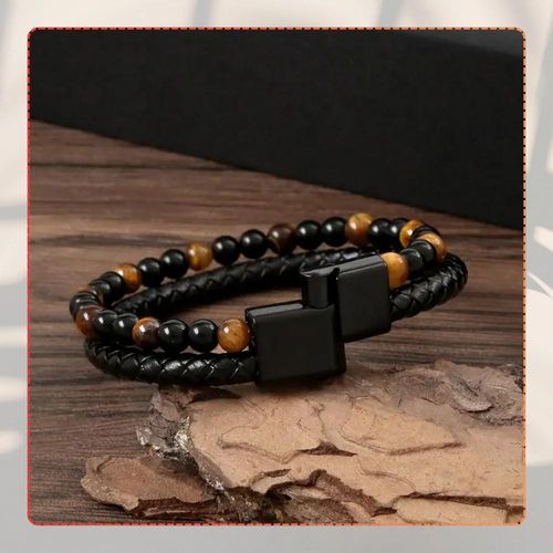 Męska bransoletka skórzana z naturalnymi kamieniami koraliki na Arena.pl