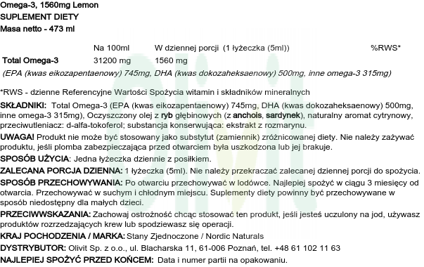 Omega-3 1560mg, Cytryna, 473ml zdjęcie 3