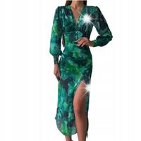 LETNIA MIDI SUKIENKA PRINT SEXY ZIELONA VINTAGE DŁUGIE RĘKAWY DEKOLT SZPIC