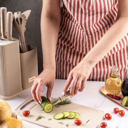 Komplet 5 Noży + Zestaw 5 przyborów kuchennych + deska do krojenia + Stojak na Arena.pl