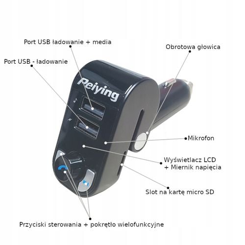 Transmiter FM Peiying Bluetooth 2xUSB SD ŁADOWANIE na Arena.pl