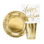 Zestaw zastawy złoty talerzyki kubeczki serwetki Happy New Year