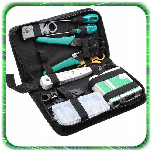 TESTER KABLI SIECIOWYCH RJ45 Przewodów Zaciskarka ZESTAW Sieci LAN ŚCIĄGACZ na Arena.pl