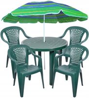 OGRODOWY PLASTIKOWY ZIELONY MOCNY ZESTAW 4+1 OKRĄGŁY STÓŁ KRZESŁA PARASOL