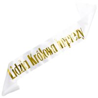 Biała szarfa z nadrukiem Królowa Imprezy + imię