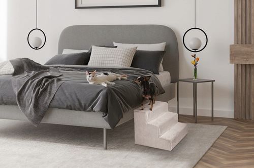 Schodki dla psa 3-stopnie tapicerowane jasnoszare podest dla psa do kanapy na Arena.pl