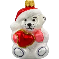Bombka choinkowa szklMiś polarny z czerwonym sercem i różowymi rękawiczkami
