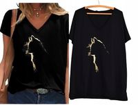 T-SHIRT OVERSIZE KOSZULKA BAWEŁNA ZŁOTA APLIKACJA KOTEK V dekolt L-XXXL T15