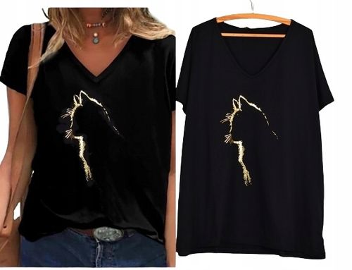 T-SHIRT OVERSIZE KOSZULKA BAWEŁNA ZŁOTA APLIKACJA KOTEK V dekolt L-XXXL T15 na Arena.pl