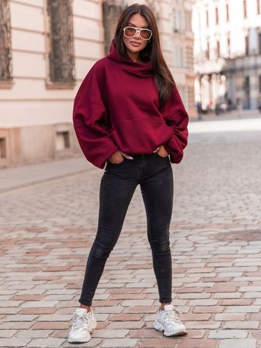 Bawełniana dresowa damska bluza z kapturem na stójce oversize bordowa na Arena.pl