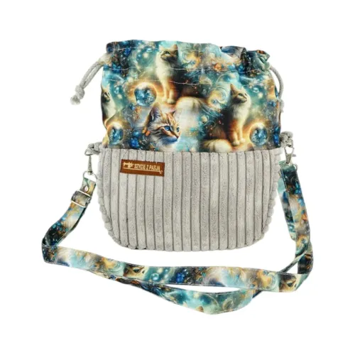 Torebka Sakiewka Sztruksowa Szara z Motywem Kosmicznych Kotów – Handmade na Arena.pl