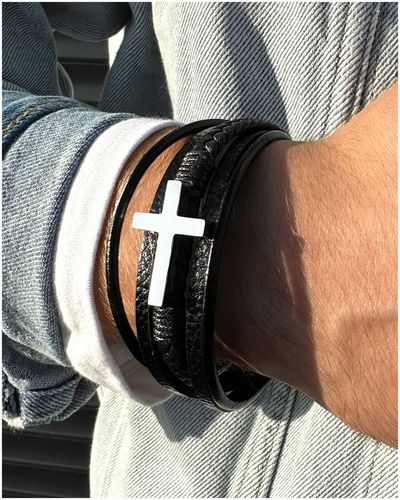 Bransoletka MĘSKA skórzana SREBRNA krzyż KRZYŻYK stal 316L grawer GRATIS! na Arena.pl