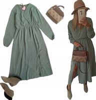 Sukienka muślinowa długa bawełna khaki rozcięcie