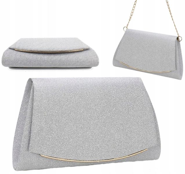 Srebrna Torebka Wieczorowa Kopertówka Wizytowa Łańcuszek Elegancka zdjęcie 1