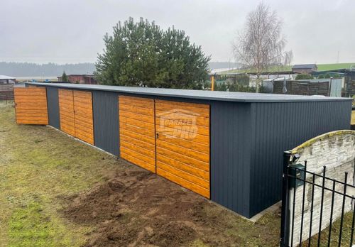 Rząd garaży Garaż blaszany 18x5m 3x brama dwuskrzydłowa drzwi dach GP525 na Arena.pl