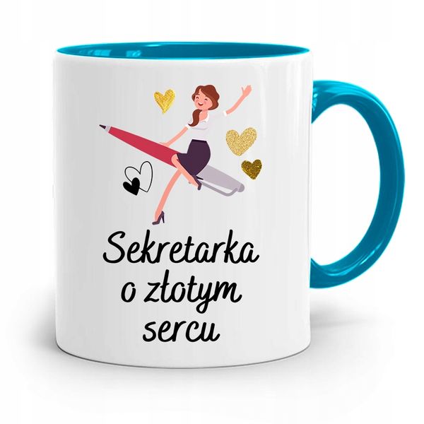 Kubek Błękitny Prezent Dla Sekretarki O Złotym Z Nadrukiem Ze Zdjęciem zdjęcie 1