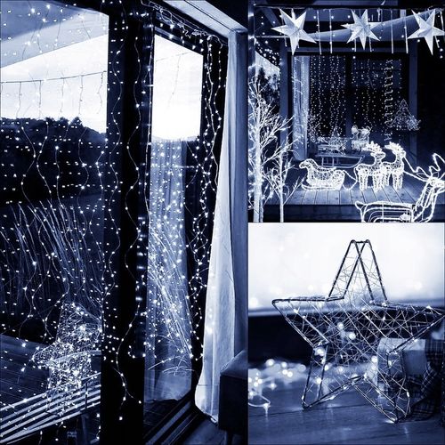 KURTYNA ŚWIETLNA NA BATERIE 300 LED LAMPKI 3x3M 8 FUNKCJI ZIMNE ŚWIATŁO na Arena.pl