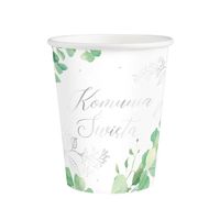 Kubeczki papierowe Komunia Święta eukaliptus srebrne, 6 szt.