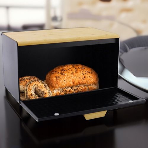 Chlebak pojemnik na pieczywo na chleb bułki stalowy deska bambusowa czarny na Arena.pl