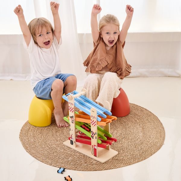 VIGA Drewniana Podwójna Zjeżdżalnia Dla Samochodzików Tor Wyścigowy zdjęcie 16