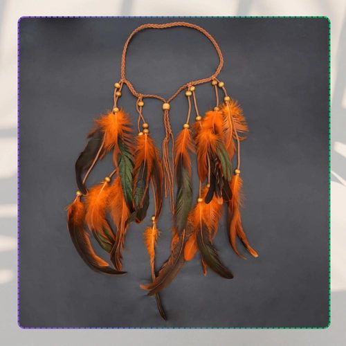 Opaska na włosy na rzemyku boho sztuczne pióra pomarańczowe na Arena.pl