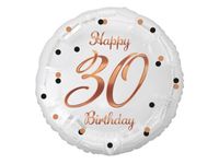 Balon foliowy "B&C Happy 30 Birthday", biały, nadruk różowo-złoty, 45 cm