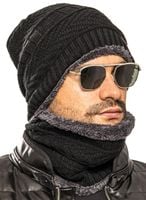 CZAPKA + KOMIN KOMPLET MĘSKI Z FUTERKIEM - CZARNY