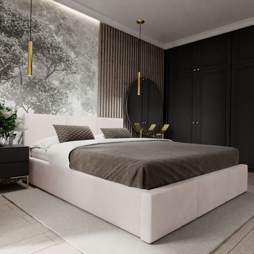 ŁÓŻKO TAPICEROWANE DO SYPIALNI 180x200 ŁÓŻKO PODWÓJNE Z POJEMNIKIEM KREMOWE na Arena.pl