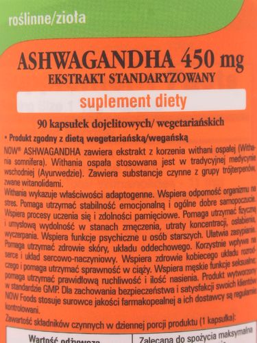 Ashwagandha 450mg - Now - 90 kapsułek na Arena.pl